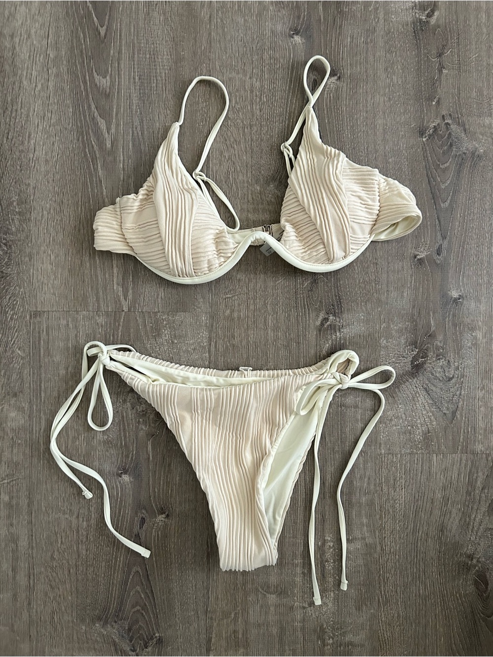 Zaful Cream Ribbed Tie-Side Bikini